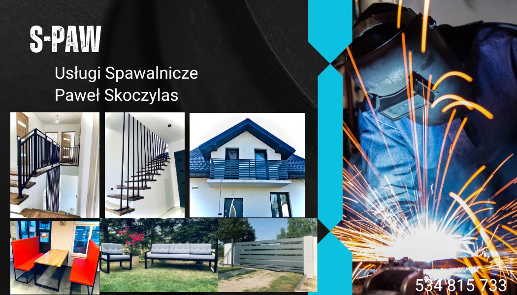 Spawacz w masce ochronnej podczas pracy, iskry, w tle przykłady realizacji balustrad i mebli metalowych z Łęcznej.
