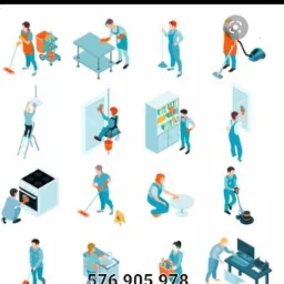 Zestaw ikon przedstawiających różne czynności związane z utrzymaniem czystości: mycie okien na wysokości, odkurzanie, wycieranie kurzu, czyszczenie piekarnika, mycie podłóg i inne.