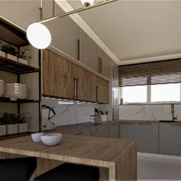 Wizualizacja nowoczesnej kuchni z wyspą, drewnianymi akcentami, otwartymi półkami z roślinami, marmurowym backsplashiem i oświetleniem punktowym.