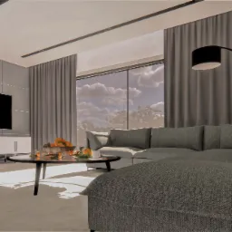 Wizualizacja salonu w szarościach z dużym narożnikiem, okrągłym stolikiem kawowym z owocami i telewizorem na ścianie z betonowych płyt.