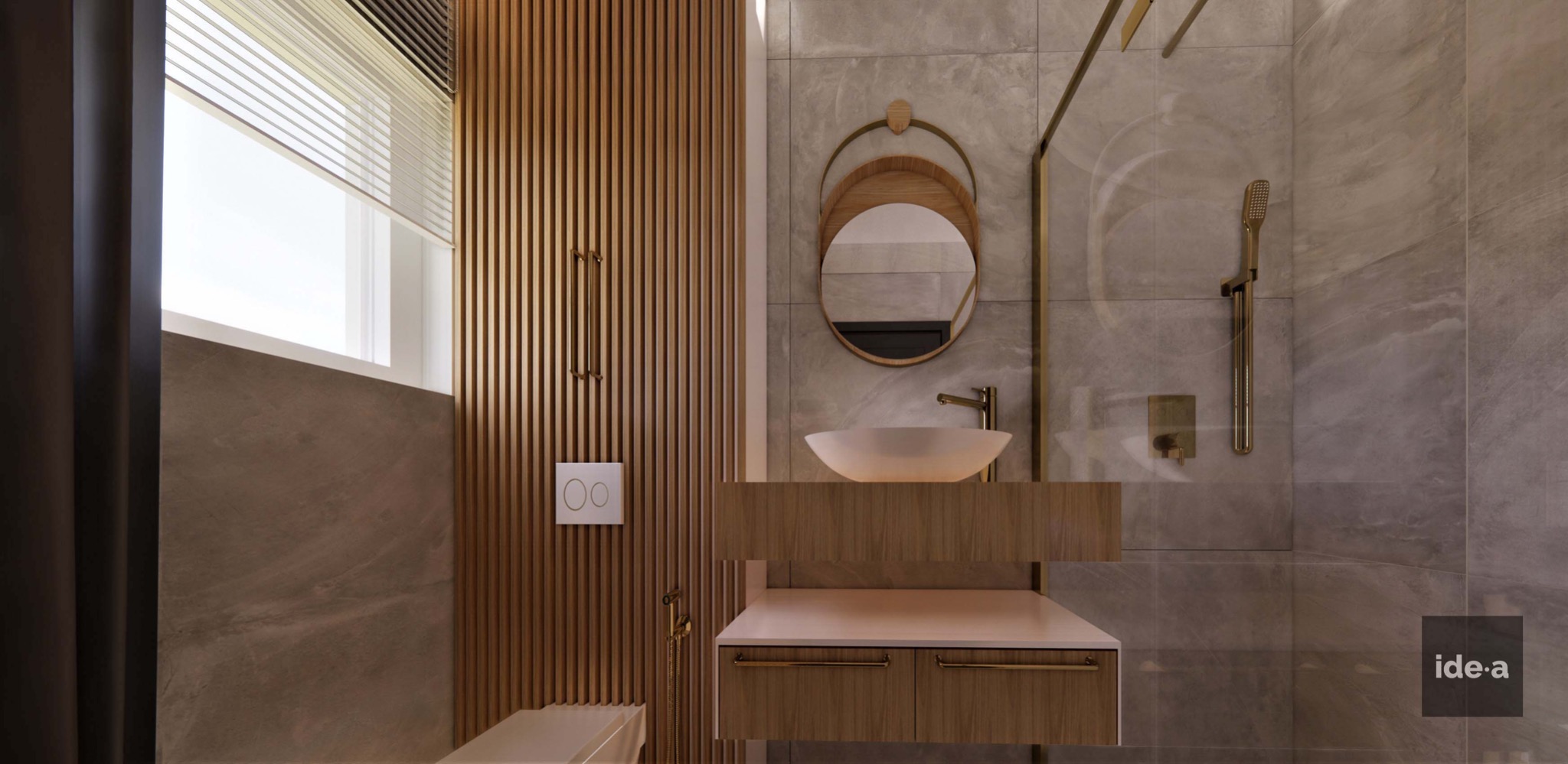Nowoczesna łazienka z umywalką nablatową, armaturą w kolorze złota i ścianą z drewnianych paneli. Widoczny fragment toalety i okno z żaluzjami.