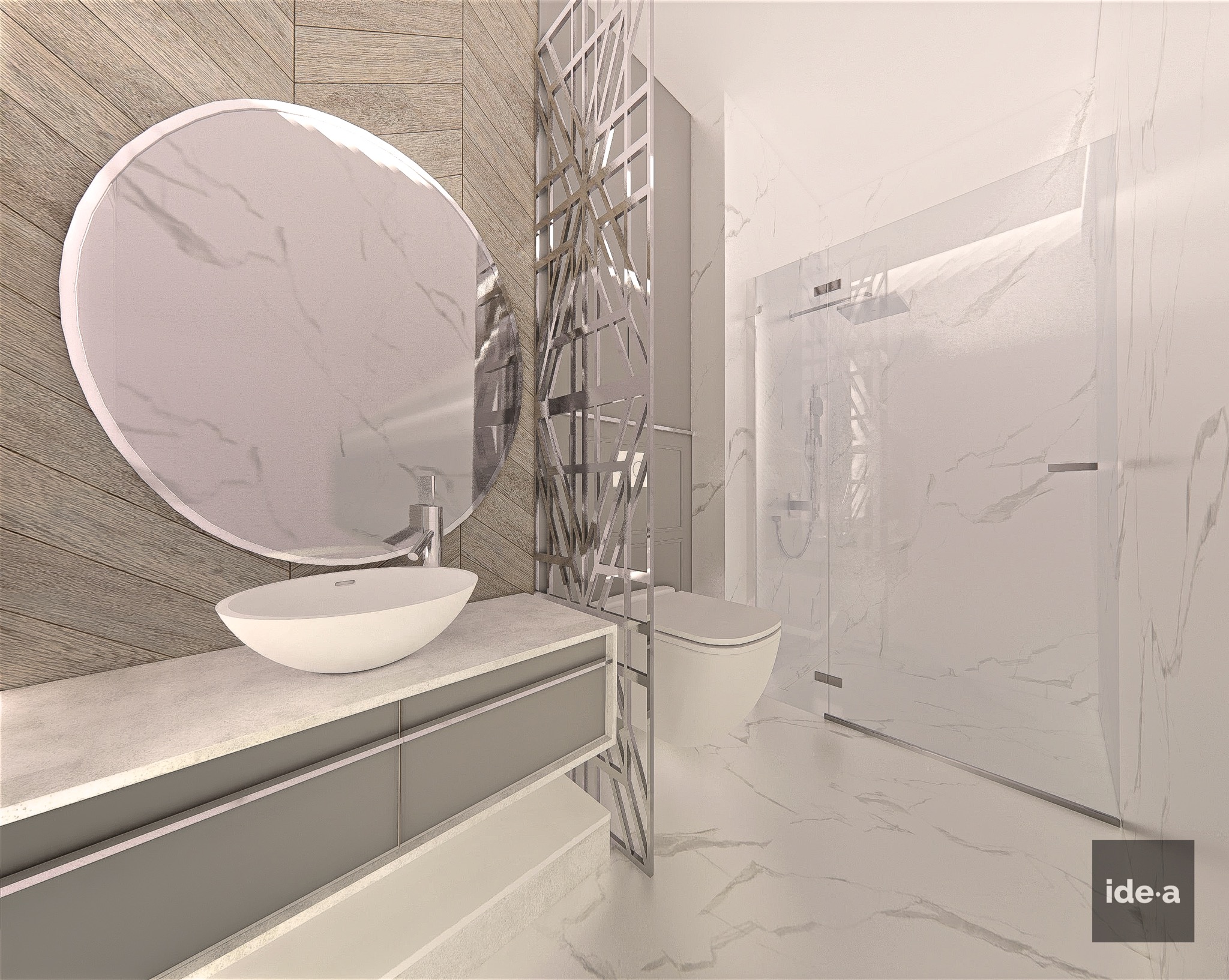 Wizualizacja łazienki z okrągłym lustrem nad umywalką, kabina prysznicowa ze szklanymi drzwiami, toaleta oddzielona metalową ażurową ścianką działową, marmurowe płytki na podłodze i ścianach.