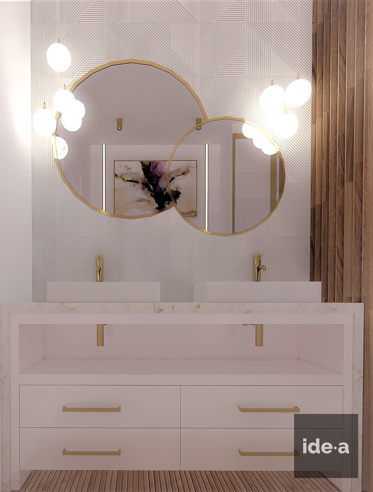 Wizualizacja łazienki z dwoma okrągłymi lustrami w złotych ramach, białymi umywalkami nablatowymi z złotymi bateriami, szafką z szufladami w kolorze pudrowego różu i drewnianą podłogą.