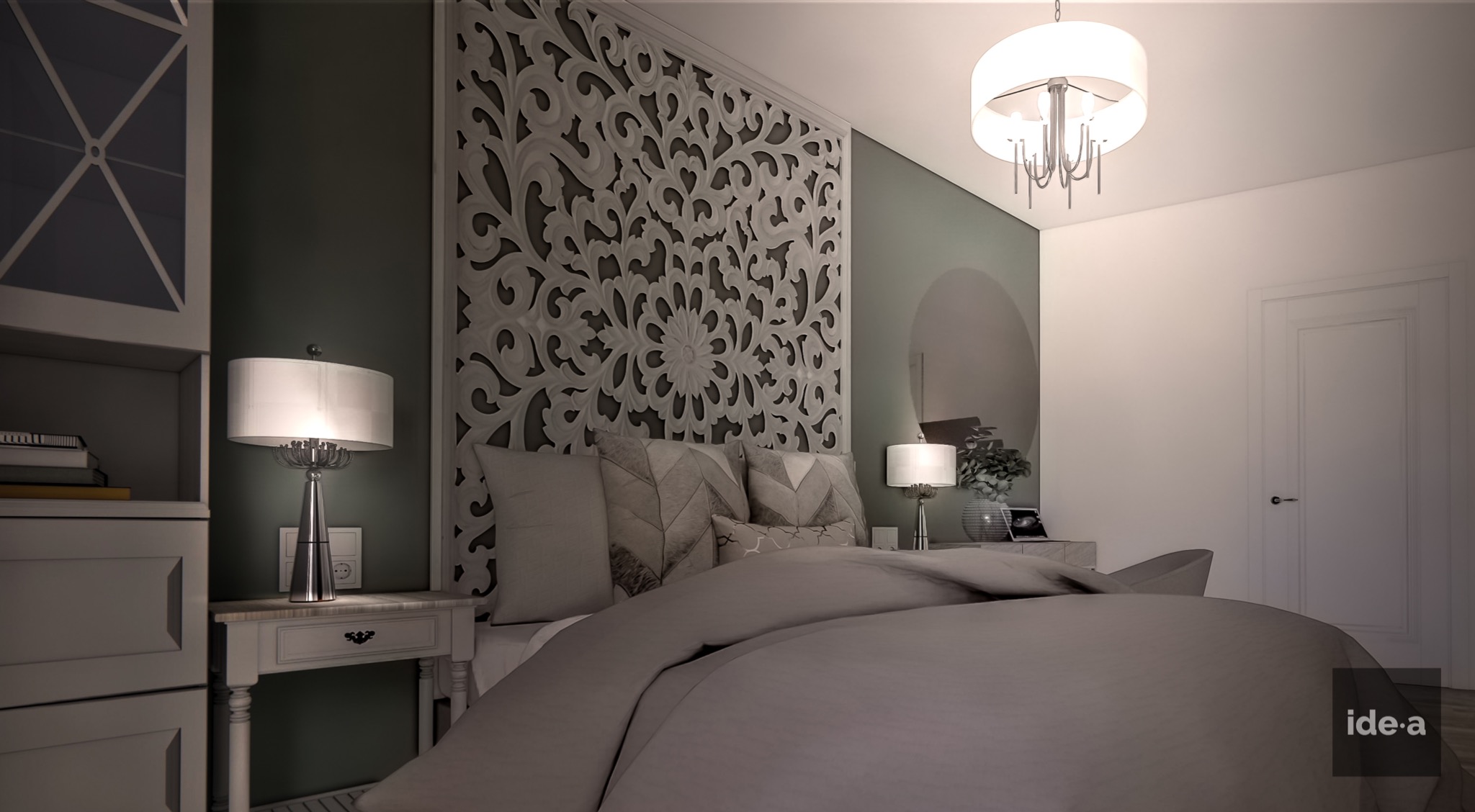 Sypialnia w odcieniach szarości z dekoracyjnym panelem ściennym, lampkami nocnymi i wiszącym żyrandolem.