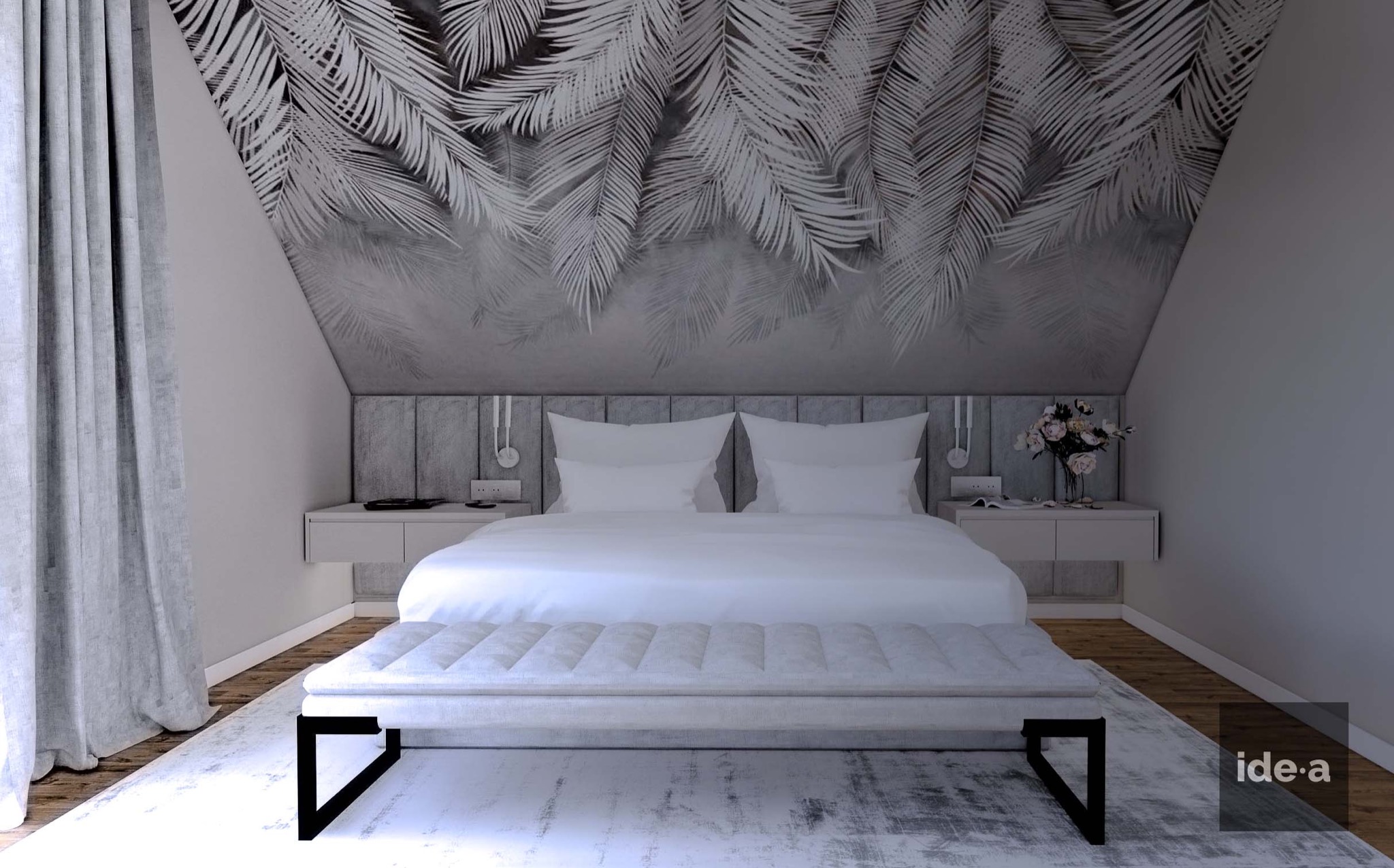 Jasna sypialnia na poddaszu z tapetą w motywie liści palmowych, łóżkiem z szarym wezgłowiem, białymi poduszkami i narzutą, oraz tapicerowaną ławką z czarnymi nogami. Na stolikach nocnych lampki...