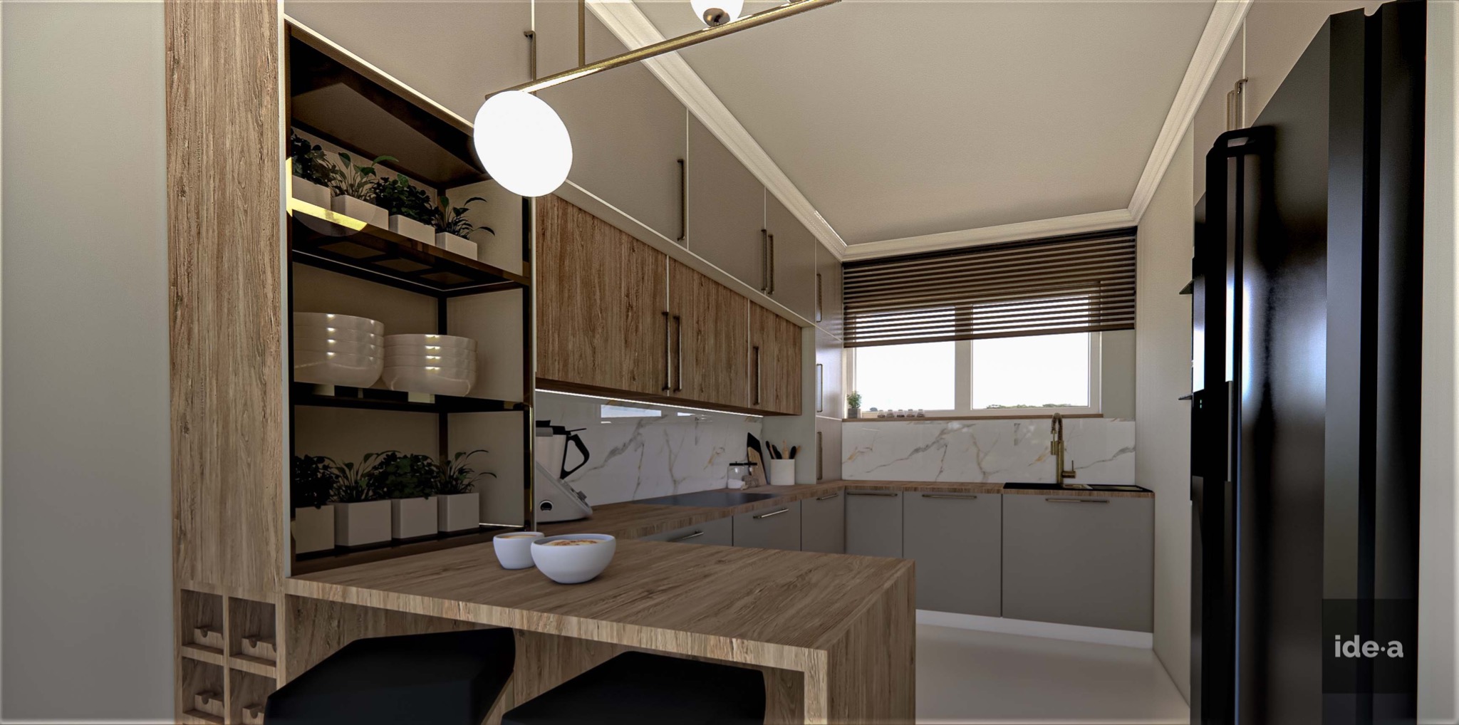 Wizualizacja nowoczesnej kuchni z wyspą, drewnianymi akcentami, otwartymi półkami z roślinami, marmurowym backsplashiem i oświetleniem punktowym.