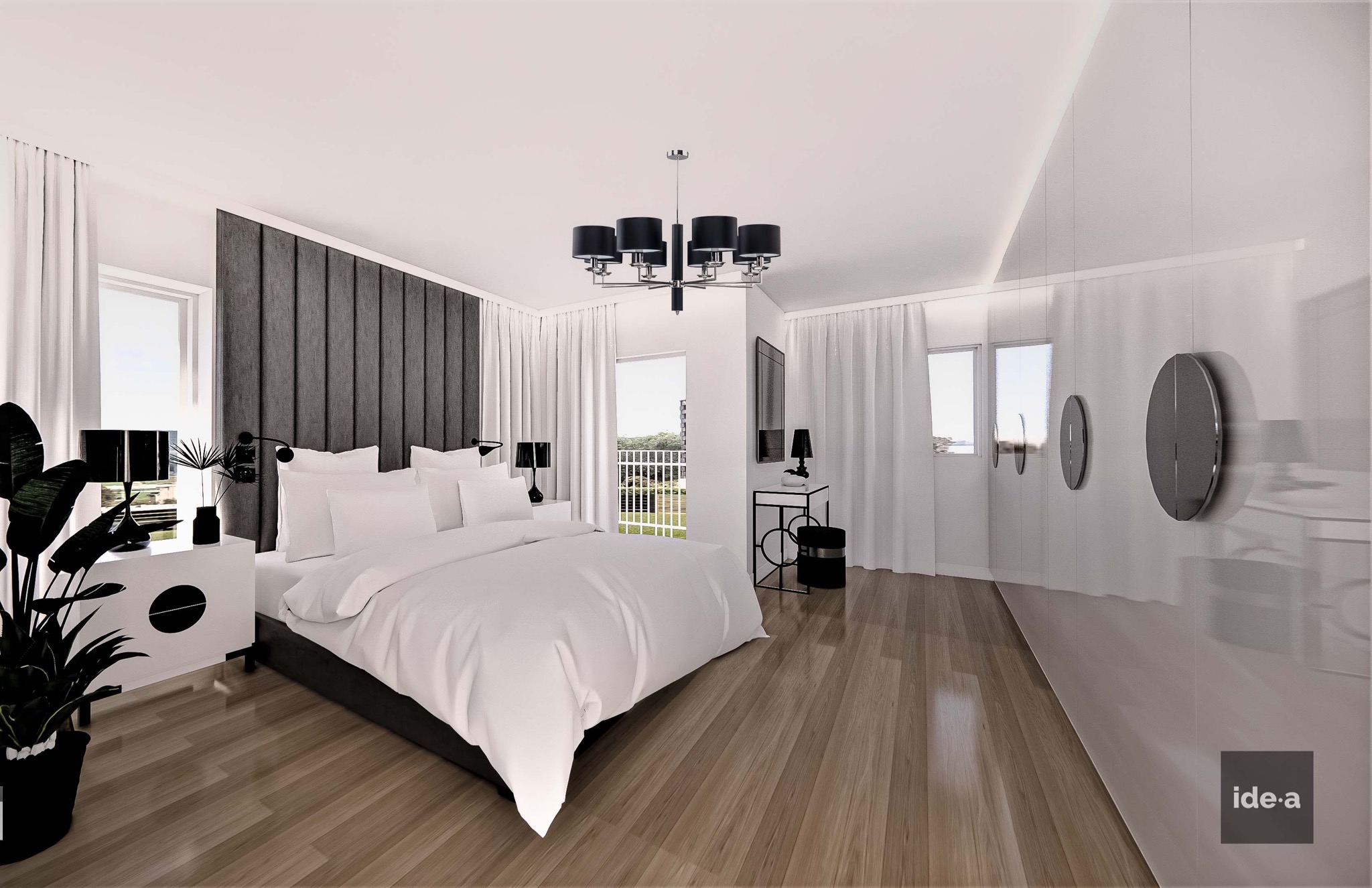 Nowoczesna sypialnia z dużym łóżkiem z szarą tapicerowaną ścianą, białymi zasłonami i drewnianą podłogą, oświetlona czarnym żyrandolem i lampkami nocnymi, z widokiem na balkon.