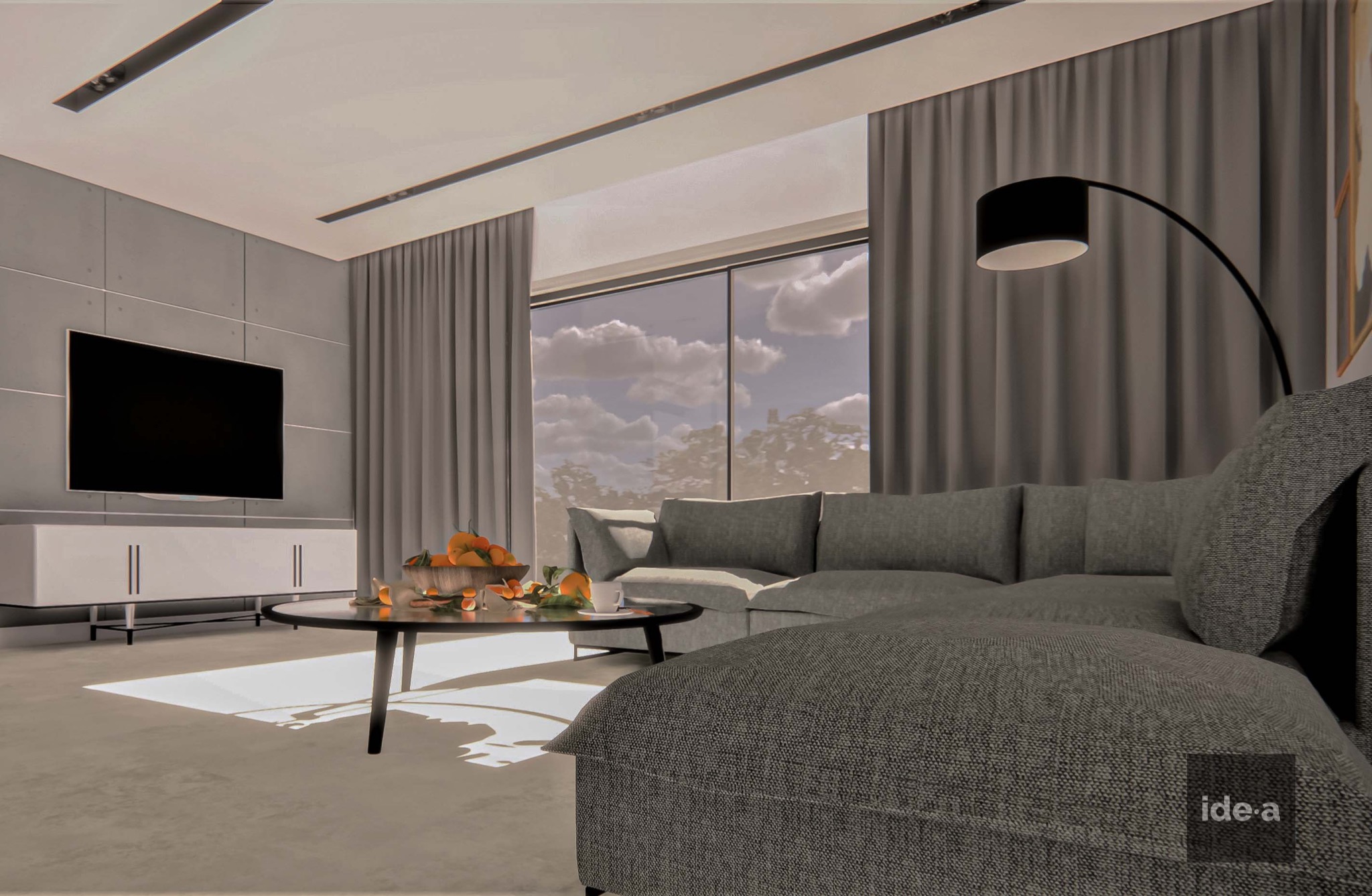 Wizualizacja salonu w szarościach z dużym narożnikiem, okrągłym stolikiem kawowym z owocami i telewizorem na ścianie z betonowych płyt.
