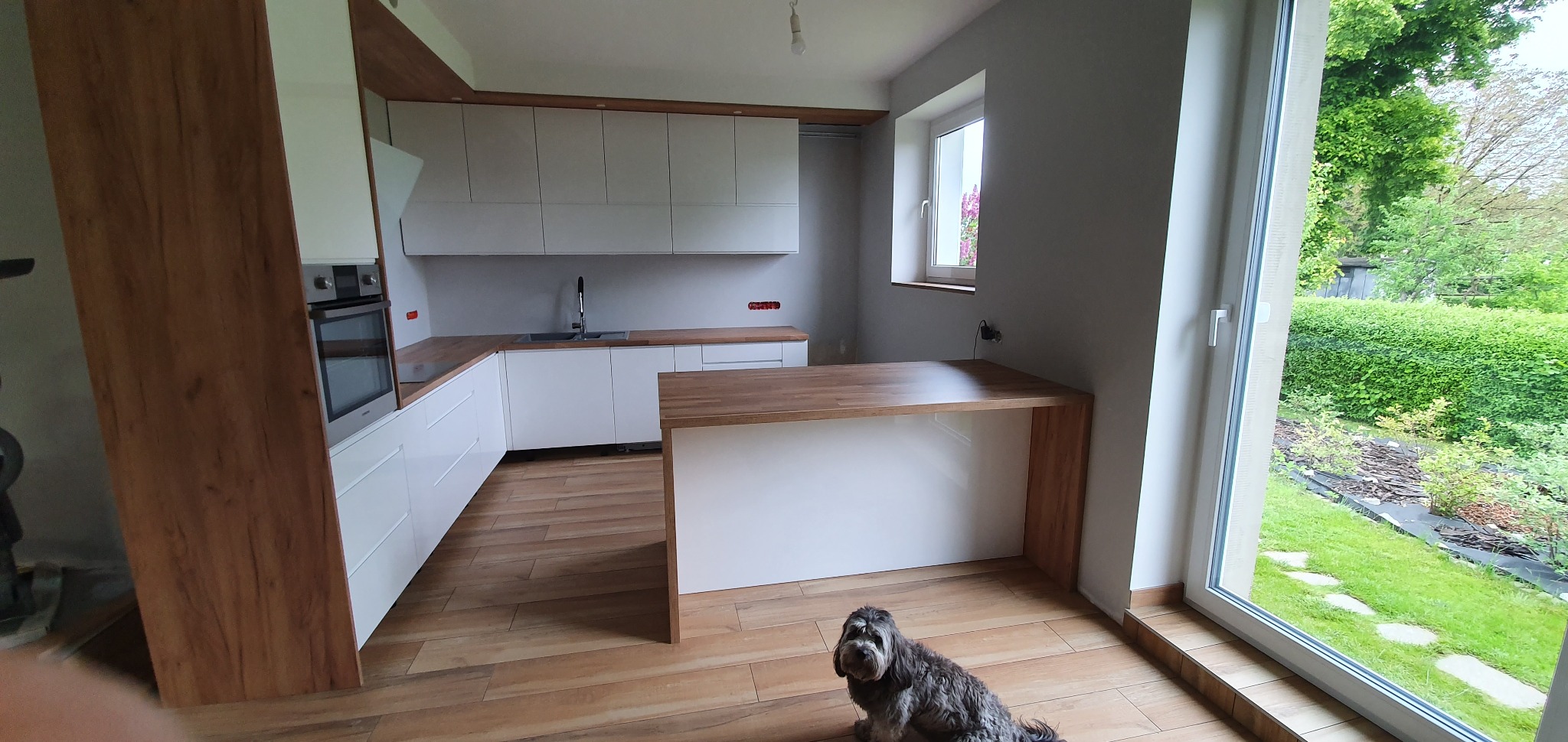 Nowoczesna kuchnia z białymi szafkami i drewnianymi blatami, widok z niskiej perspektywy z psem na pierwszym planie i ogrodem za oknem.