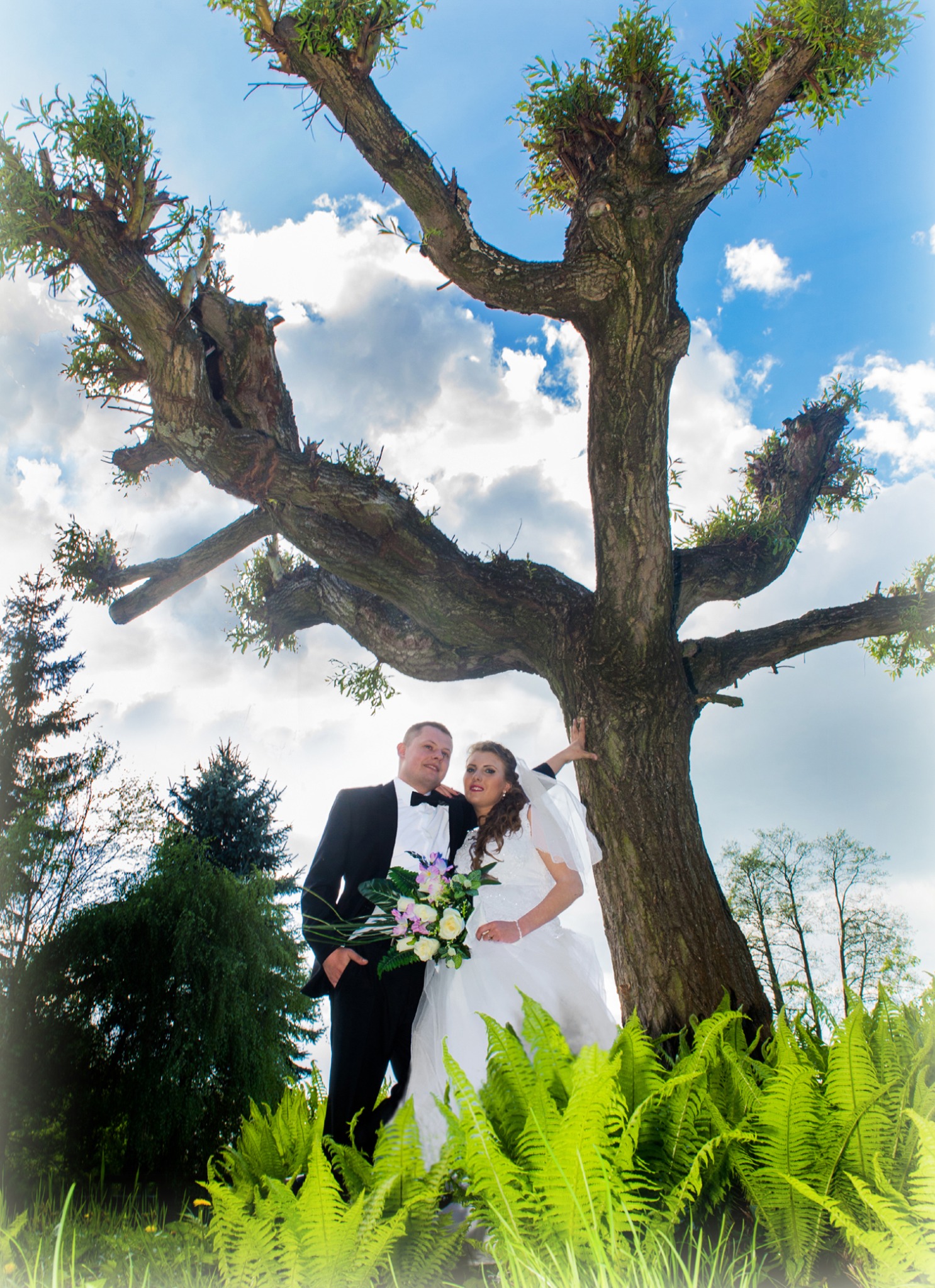 Para młoda w plenerze, on w smokingu z bukietem, ona w sukni ślubnej i welonie, pozują pod rozłożystym drzewem na tle błękitnego nieba z chmurami.