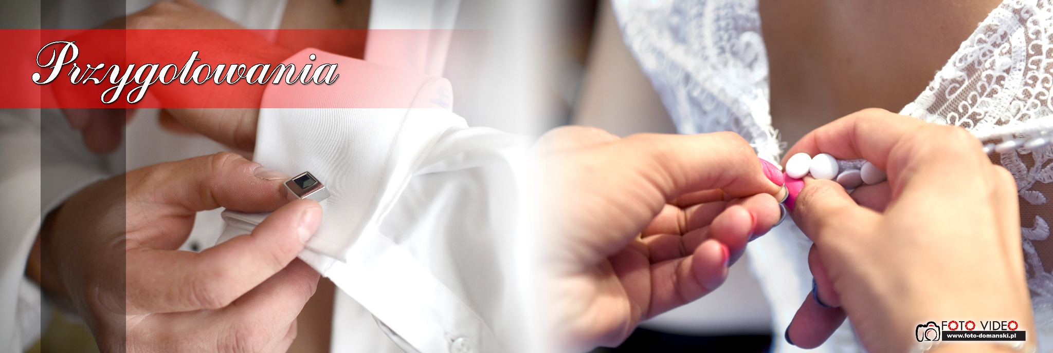 Zbliżenie na przygotowania ślubne: zapinanie mankietów i guzików sukni ślubnej, delikatne światło, widoczny fragment koronki i eleganckie detale.