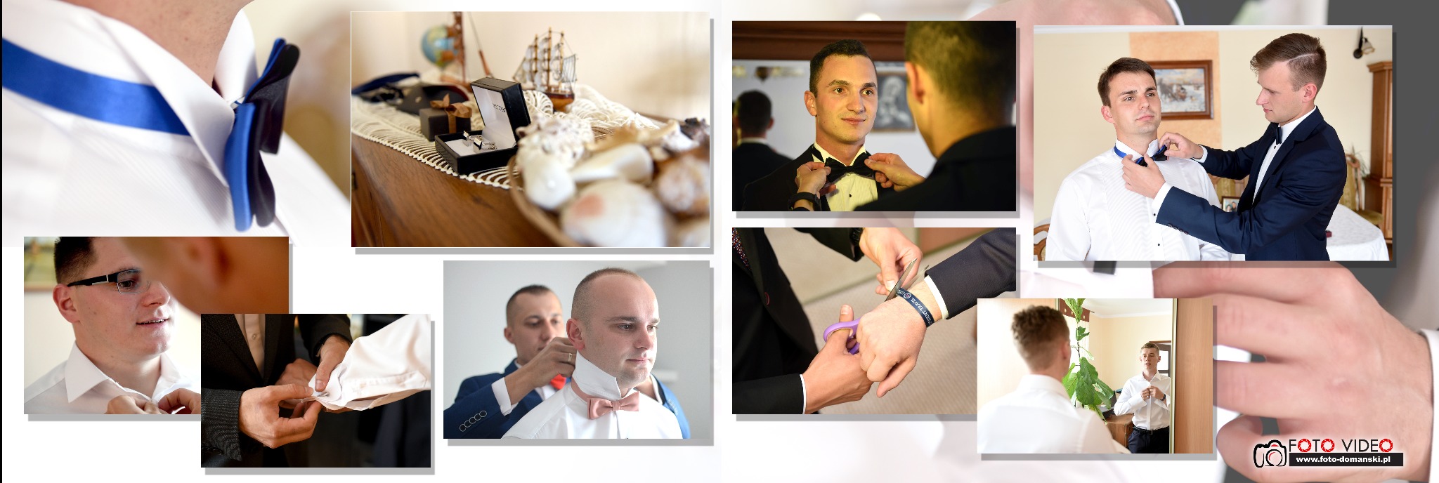 Kolaż z przygotowań ślubnych: poprawianie much, mankietów, detale biżuterii i dekoracji, kadry z ubierania pana młodego przez świadka.