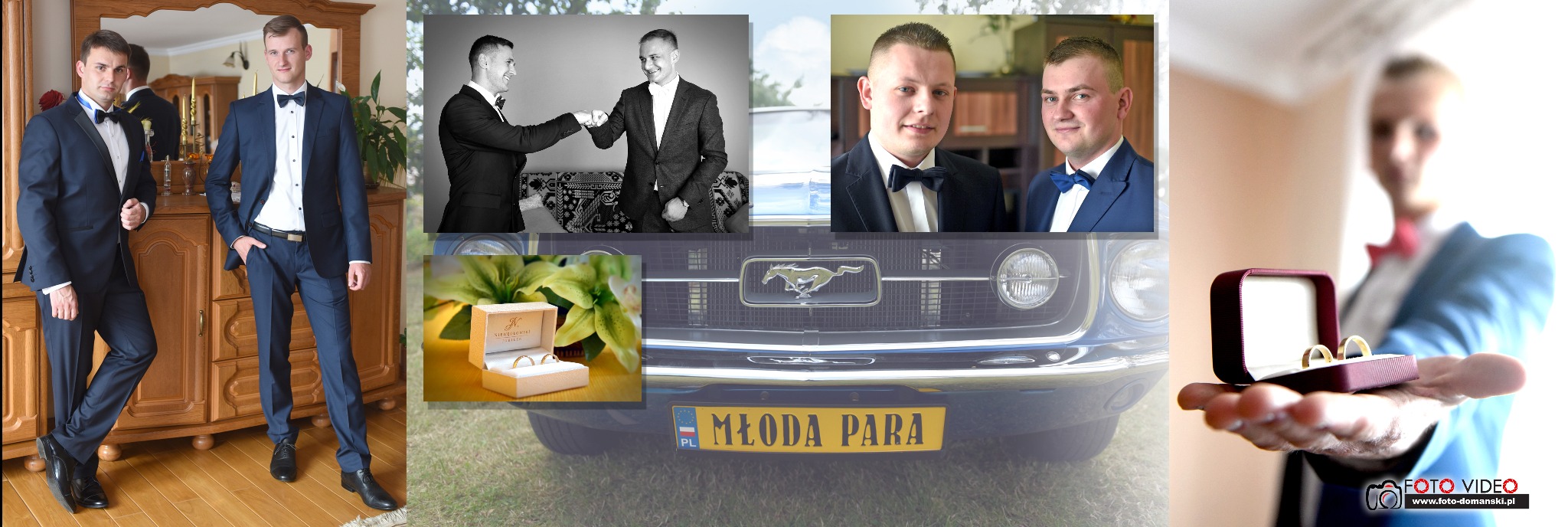 Kolaż ślubny: panowie młodzi w garniturach, zbliżenie na pierścionki w pudełku, auto z tablicą 'Młoda Para'. Dekoracje, elegancja i uroczystość.