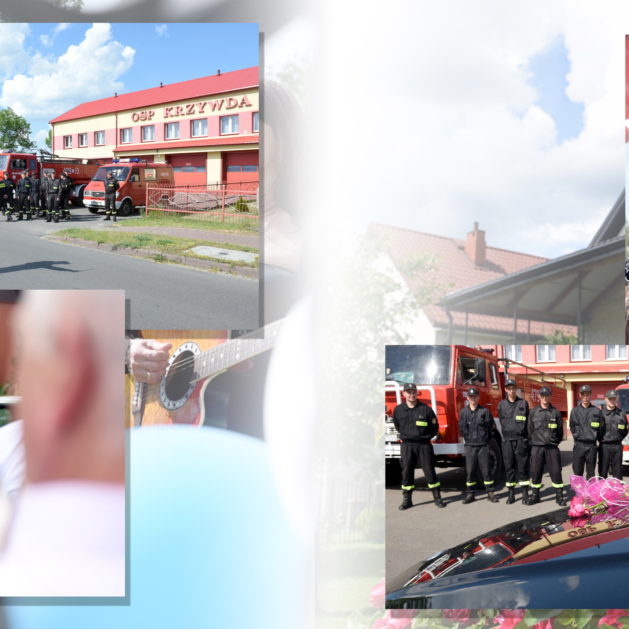 Fotokolaż ze ślubu strażaków OSP Krzywda: budynek remizy, samochody strażackie, strażacy w umundurowaniu oraz gitara. Nietypowe ujęcie.