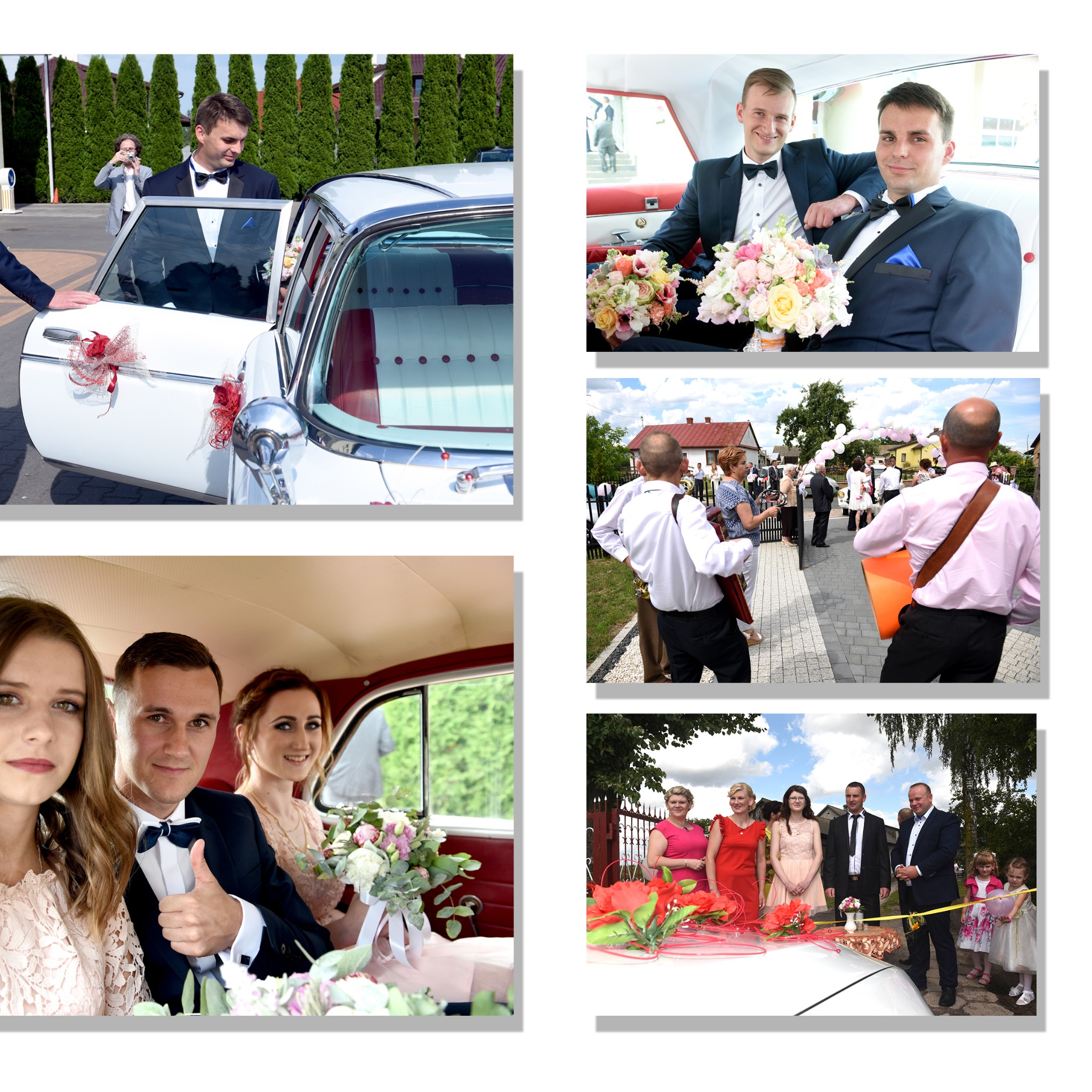 Kolaż ślubny z różnymi ujęciami: para w samochodzie, orkiestra na weselu, goście witający nowożeńców. Dekoracje kwiatowe na aucie i bukiety w rękach.