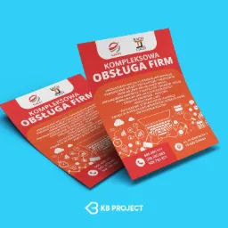 Dwie ulotki reklamowe firmy rachunkowej z ofertą kompleksowej obsługi firm, zawierające dane kontaktowe i adres, na jasnym tle.