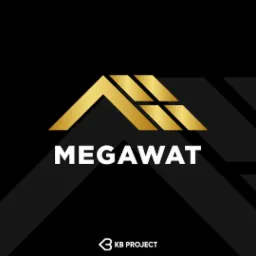 Eleganckie logo firmy Megawat w kolorach złota i bieli na czarnym tle z subtelnymi szarymi akcentami, przedstawiające stylizowany dach składający się z trzech elementów.