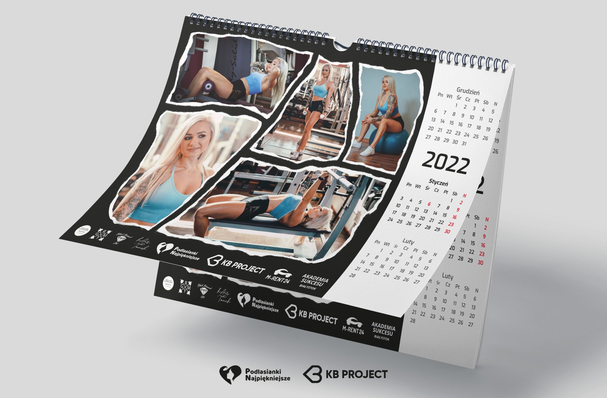 Kalendarz firmowy na rok 2022 prezentujący zdjęcia kobiety ćwiczącej na siłowni, z logotypami firm Podlasianki Najpiękniejsze, KB Project, M-Rent24 i Akademia Sukcesu Białystok.