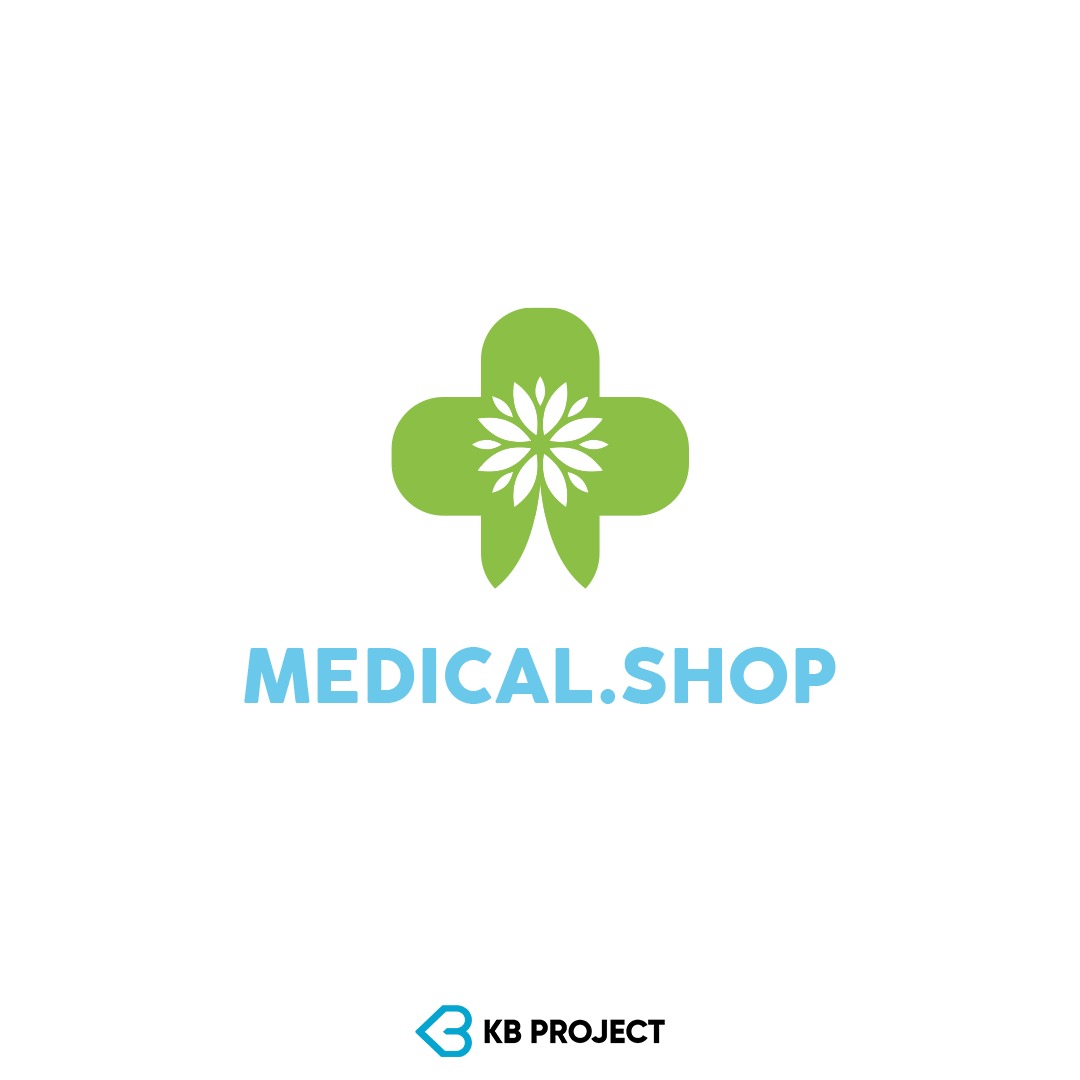 Logo Medical.shop: krzyż w odcieniach zieleni z białym kwiatem w środku, pod nim napis Medical.shop oraz logo KB Project w kolorze niebieskim.