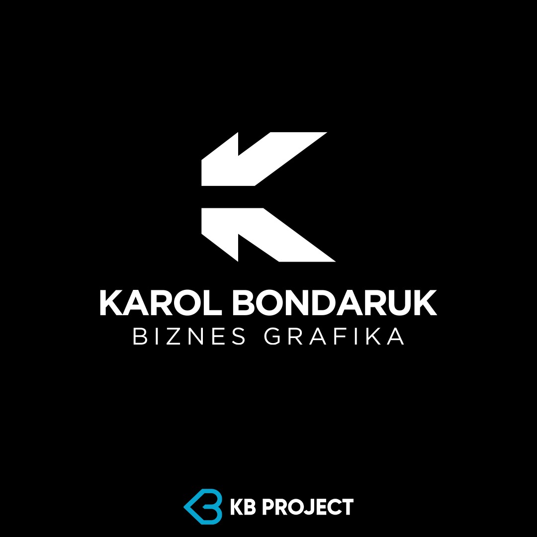 Logo firmy Karol Bondaruk Biznes Grafika z abstrakcyjnym symbolem litery K w kolorze białym na czarnym tle, uzupełnione logotypem KB Project w dolnej części.