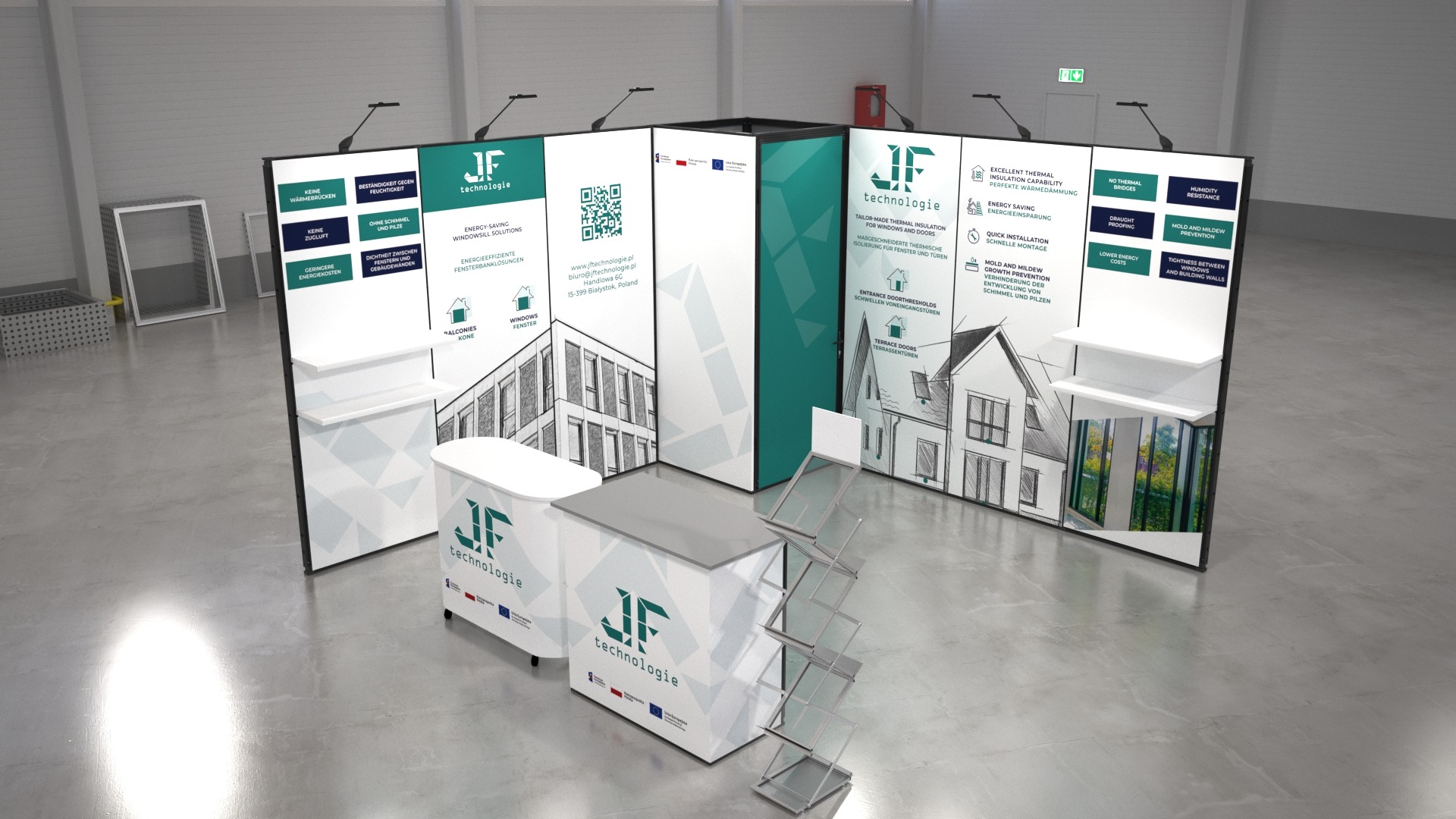 Stoisko targowe z systemem ścianek reklamowych prezentujące rozwiązania energooszczędne dla okien i drzwi z logo JF technologie, uzupełnione o ladę i stojak na ulotki.