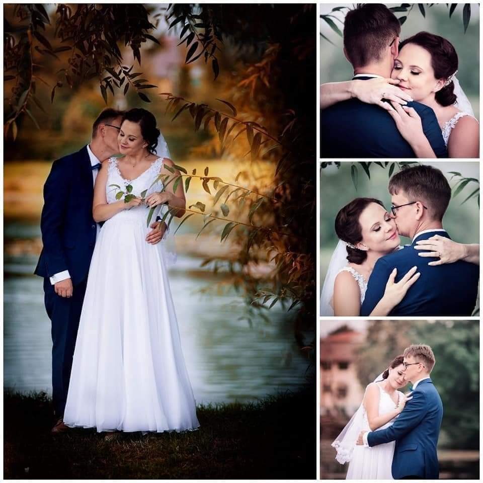 Kolaż z sesji ślubnej w Radomiu: para młoda w eleganckich strojach pozuje na tle jesiennego krajobrazu z jeziorem, panna młoda trzyma gałązkę z liśćmi, a pan młody całuje ją w policzek.