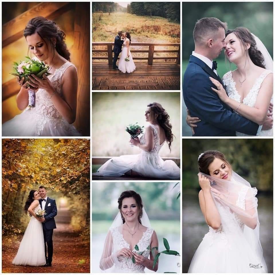 Kolaż zdjęć ślubnych: Panna młoda w koronkowej sukni z bukietem, para całująca się na drewnianym moście, uśmiechnięci nowożeńcy w zbliżeniu, para w jesiennym lesie, panna młoda siedząca...