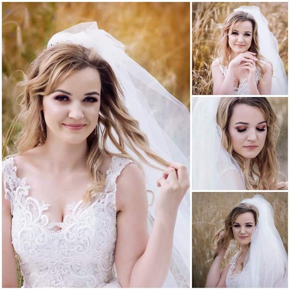 Kolaż portretów panny młodej w białej sukni z koronkowymi zdobieniami i długim welonem na tle pola z wysoką trawą, z różnymi ujęciami makijażu i fryzury.