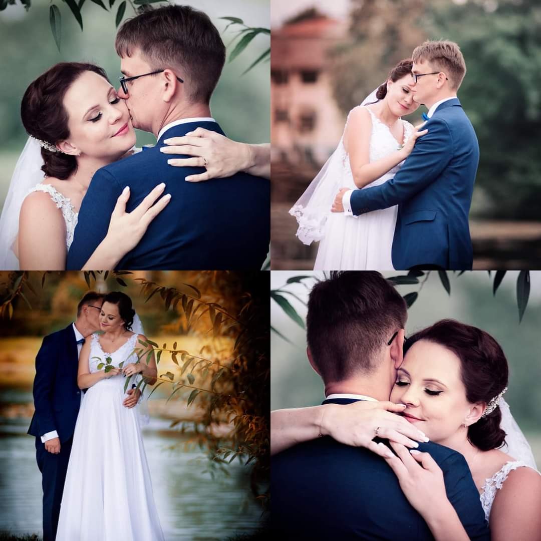 Kolaż czterech ujęć pary młodej w plenerze: pocałunek w skroń, przytulenie na tle zieleni i jeziora, panna młoda trzymająca delikatny bukiecik.