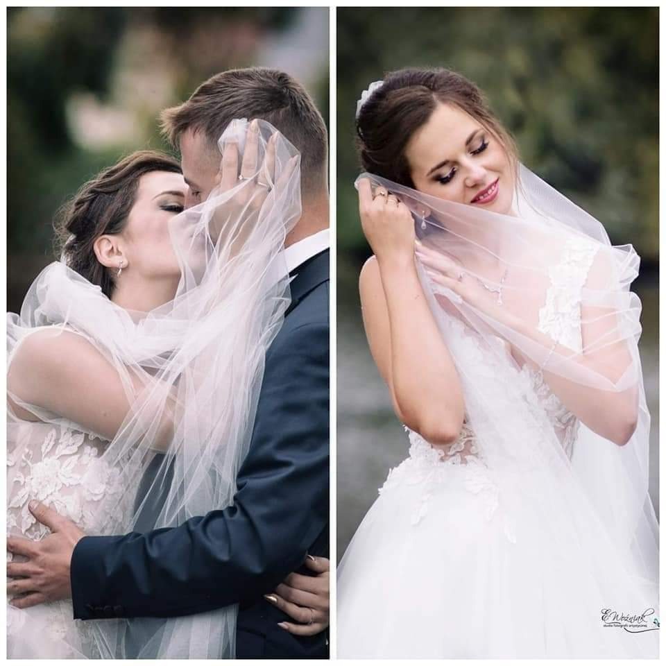 Kolaż dwóch ujęć: całująca się para młoda w objęciach, zasłonięta woalką i uśmiechnięta panna młoda trzymająca woalkę przed twarzą na tle zieleni.