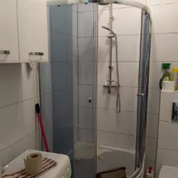 Narożna kabina prysznicowa z brodzikiem, białe płytki na ścianach, pralka z rolką papieru toaletowego na górze, widoczne środki czystości.