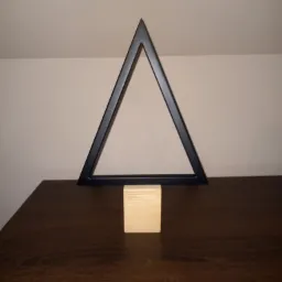 Metalowa konstrukcja w kształcie trójkąta, spawana, pomalowana na czarno, osadzona na drewnianym klocku, na tle ściany i drewnianego blatu.