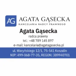 Wizytówka Kancelarii Radcy Prawnego Agata Gąsecka z logo, adresem ul. Waryńskiego 12/1, 75-541 Koszalin, numerem telefonu +48 789 145 897 i adresem e-mail kancelaria@agatagasecka.pl.