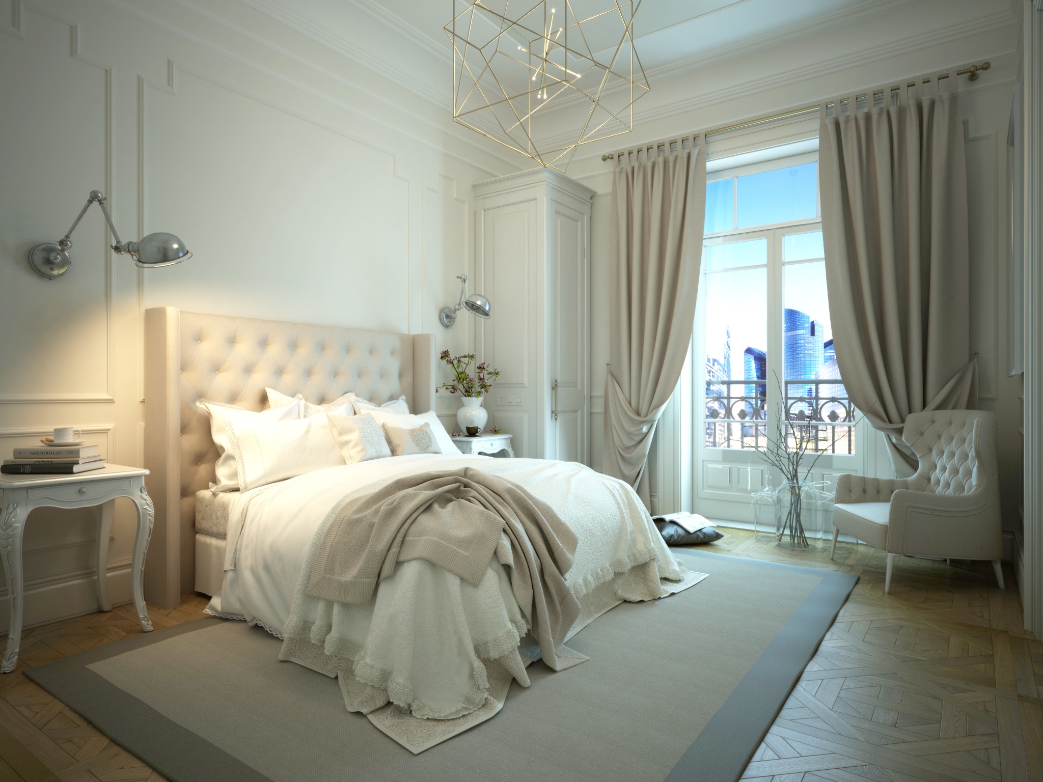 Elegancka sypialnia w jasnych barwach z dużym łóżkiem, beżowymi zasłonami i widokiem na miasto przez okno, oświetlona nowoczesną lampą sufitową.