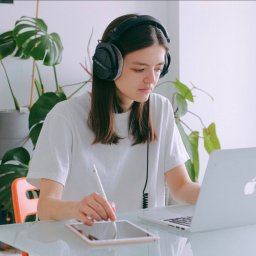 DirectAcademy Aleksandra Siedlecka - Młoda osoba w słuchawkach Beyerdynamic DT 990 PRO, skupiona na pracy z MacBookiem i iPadem ze stylusem przy szklanym biurku w Katowicach, z zielonymi roślinami w tle.