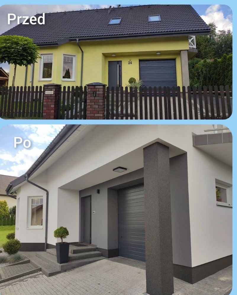 Dom jednorodzinny: żółta elewacja przed malowaniem, szara po. Widoczne zmiany w kolorystyce i detale architektoniczne. Ujęcie typu 'przed i po'.