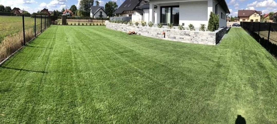 Perfekcyjnie przystrzyżony trawnik z widocznymi pasami, otoczony nowoczesnym domem z kamiennym murkiem i ogrodzeniem panelowym. Roboty koszące na trawie.