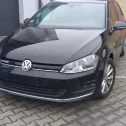 Czarny Volkswagen Golf Bluemotion zaparkowany na brukowanym podjeździe, z widocznymi detalami karoserii i felg.