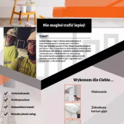 Ulotka reklamowa firmy remontowej: zdjęcia pracowników w kaskach, informacja o doświadczeniu, zakres usług (malowanie, zabudowa karton-gips, układanie paneli, montaż drzwi i okien) oraz dane...