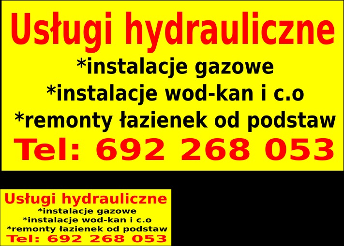 Żółte ogłoszenie z czerwonym napisem 'Usługi hydrauliczne', listą usług (instalacje gazowe, wod-kan i c.o., remonty łazienek) i numerem telefonu.