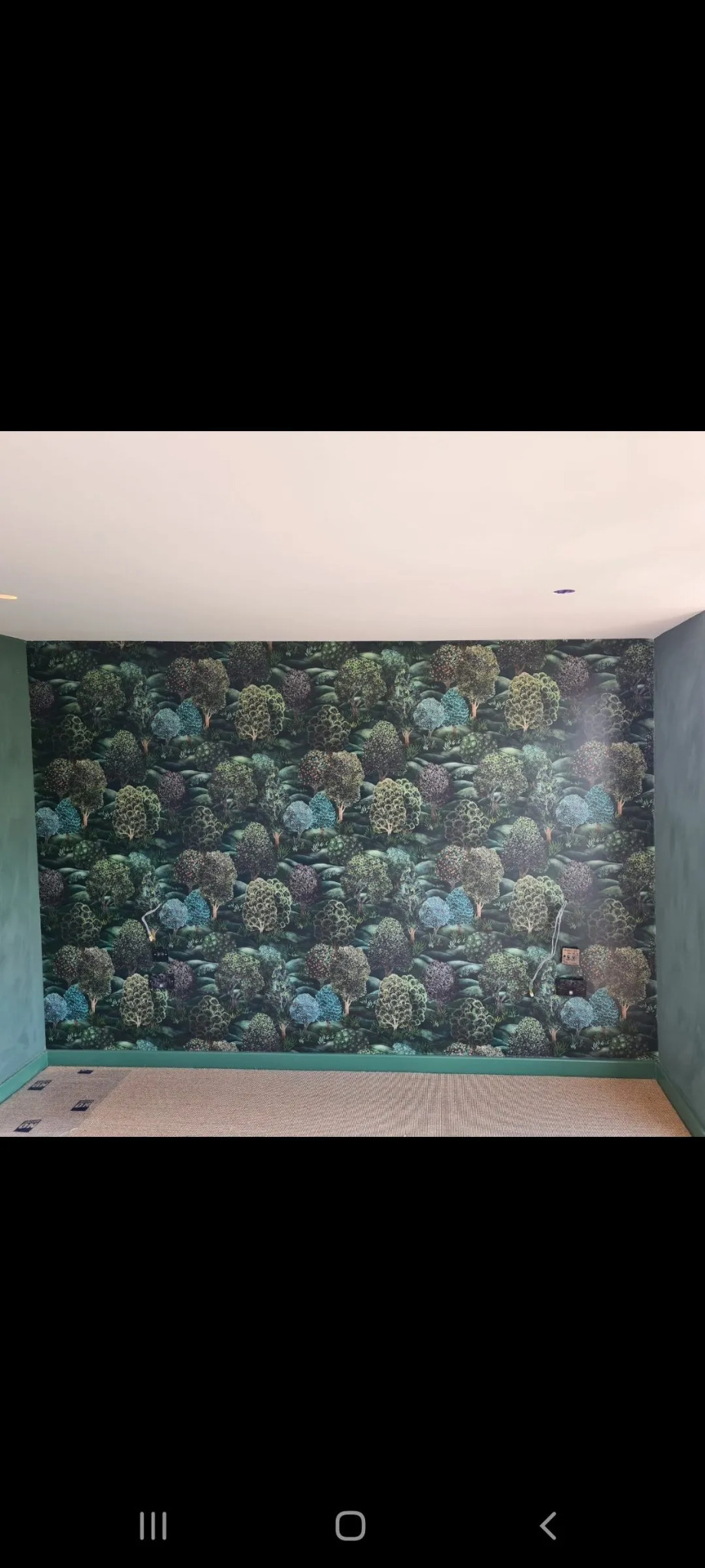 Pokój po remoncie z tapetą w motyw lasu, ściany boczne pomalowane na zielono, widoczny fragment podłogi. Gniazdko elektryczne wystaje ze ściany pokrytej tapetą.