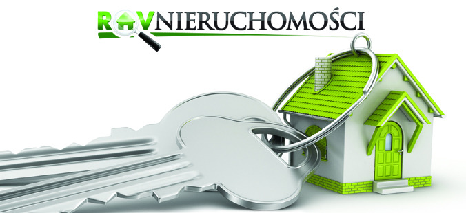 Ilustracja z logo 'RAV NIERUCHOMOŚCI', kluczami i modelem domu z zielonym dachem i drzwiami, na białym tle.