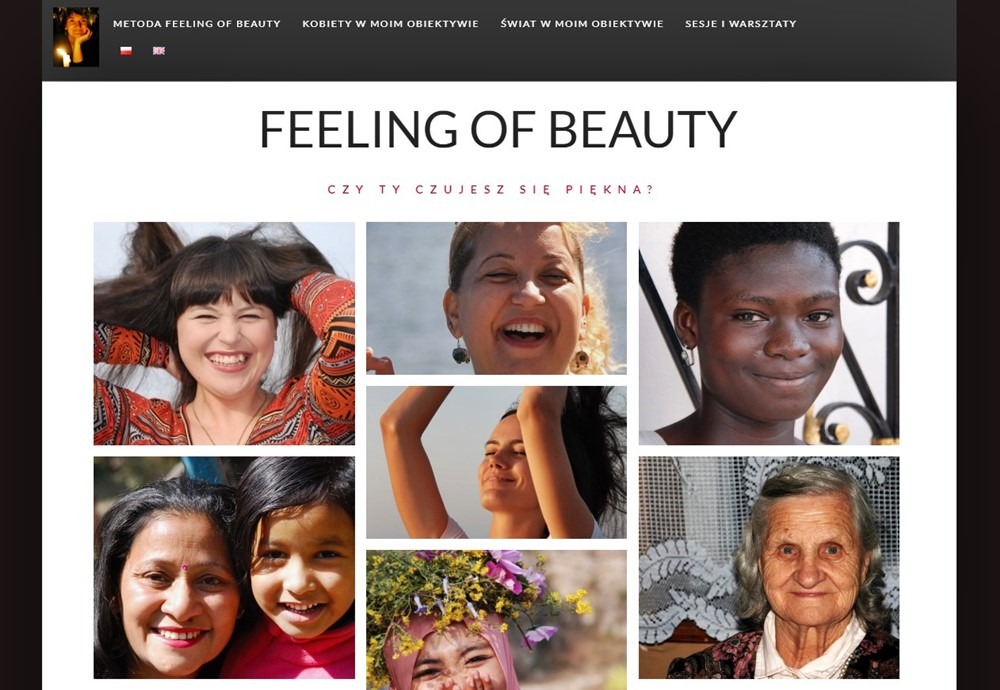 Układ zdjęć różnych kobiet na stronie internetowej z nagłówkiem 'Feeling of Beauty' i pytaniem 'Czy ty czujesz się piękna?'