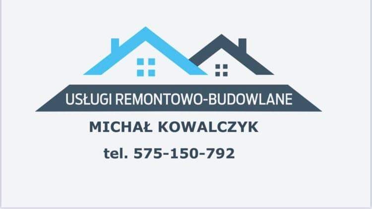 Logo firmy remontowo-budowlanej: Dwa niebiesko-szare domy z napisem 'Usługi remontowo-budowlane Michał Kowalczyk tel. 575-150-792'.