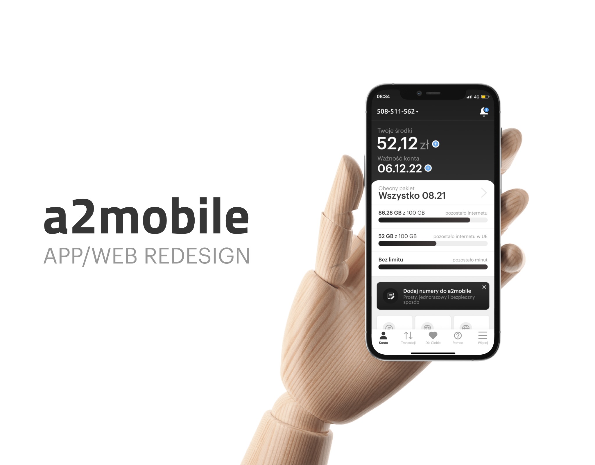 Ekran smartfona z interfejsem aplikacji a2mobile, trzymany przez drewnianą dłoń manekina, prezentujący stan konta, pakiet danych i opcje zarządzania numerami.