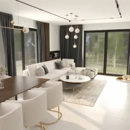 Wnętrze salonu z jadalnią w neutralnych barwach, z dużymi oknami, sofą narożną, okrągłymi stolikami kawowymi i drewnianym stołem, na którym leży śpiący kot.