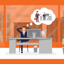 Zrelaksowany mężczyzna w garniturze siedzi przy biurku z komputerem, myśląc o spotkaniu biznesowym. Za oknem widoczne budynki miejskie.