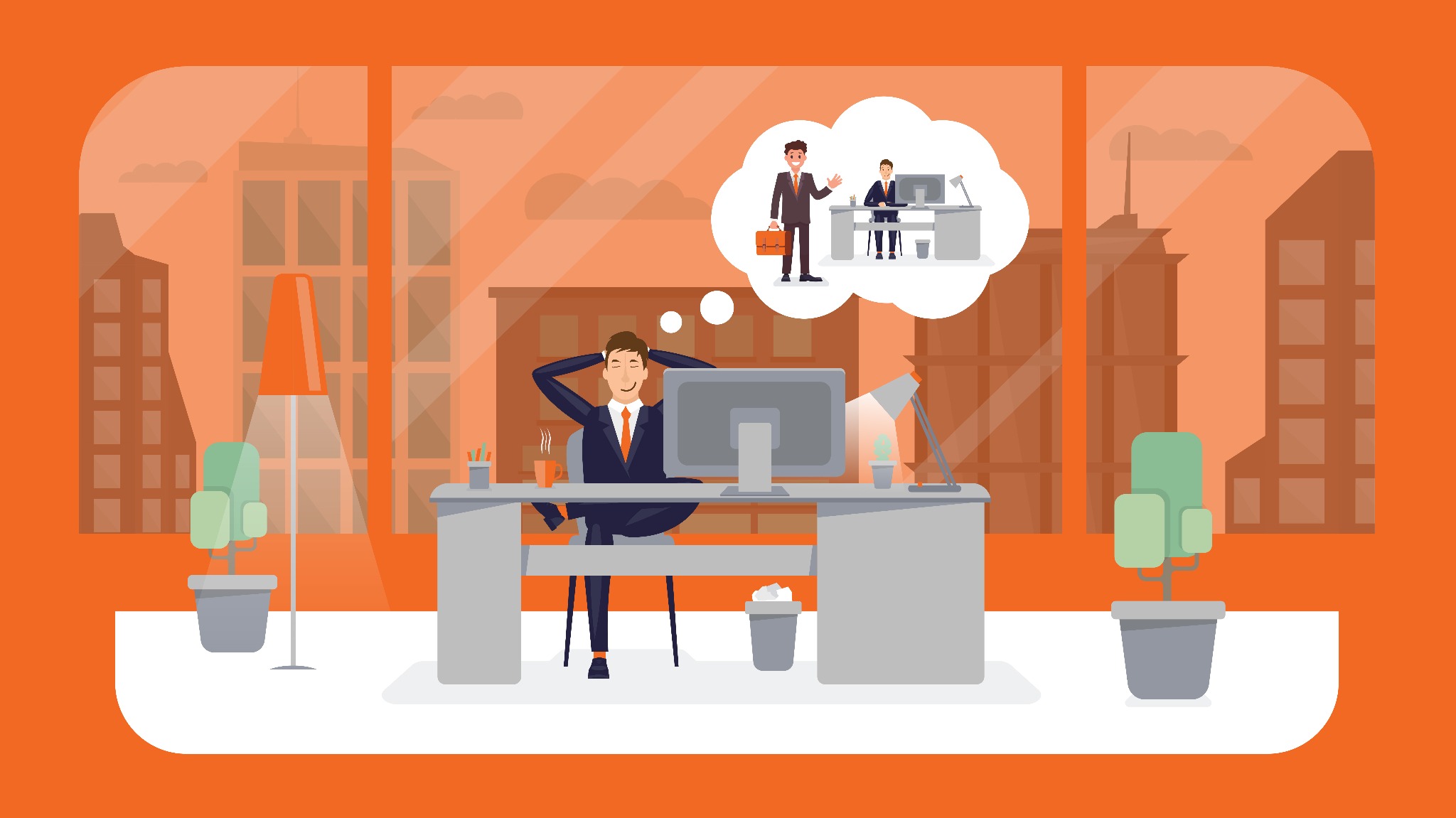 Zrelaksowany mężczyzna w garniturze siedzi przy biurku z komputerem, myśląc o spotkaniu biznesowym. Za oknem widoczne budynki miejskie.