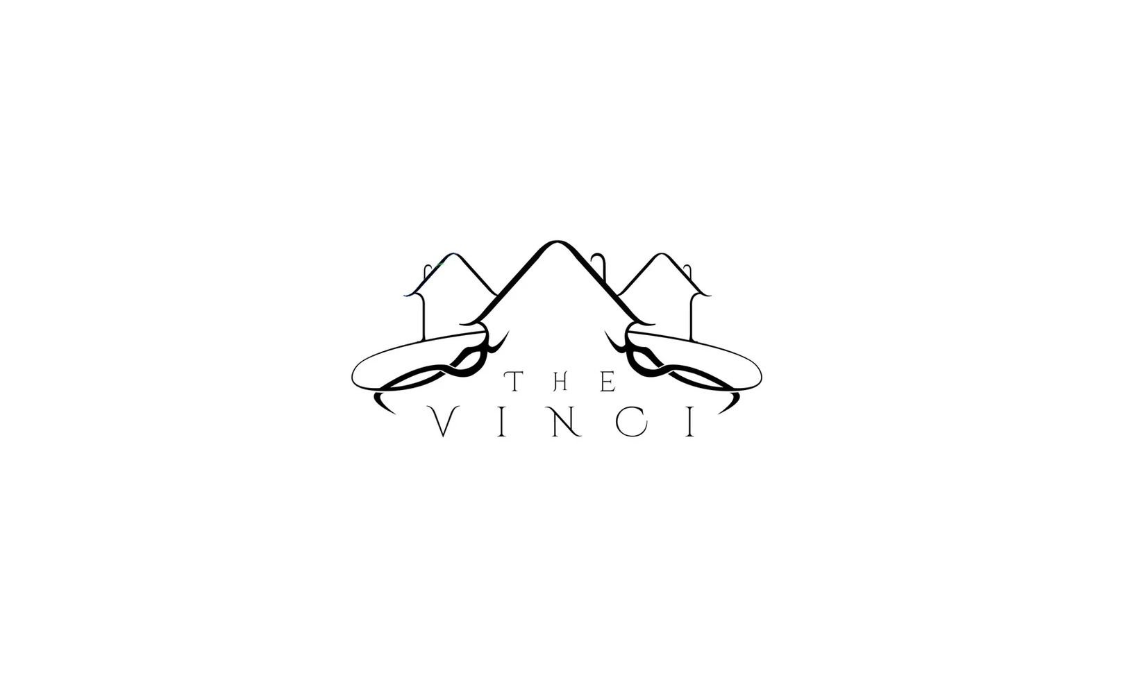 Minimalistyczne logo 'The Vinci' z elementami przypominającymi domy i góry, wykonane czarną linią na białym tle.