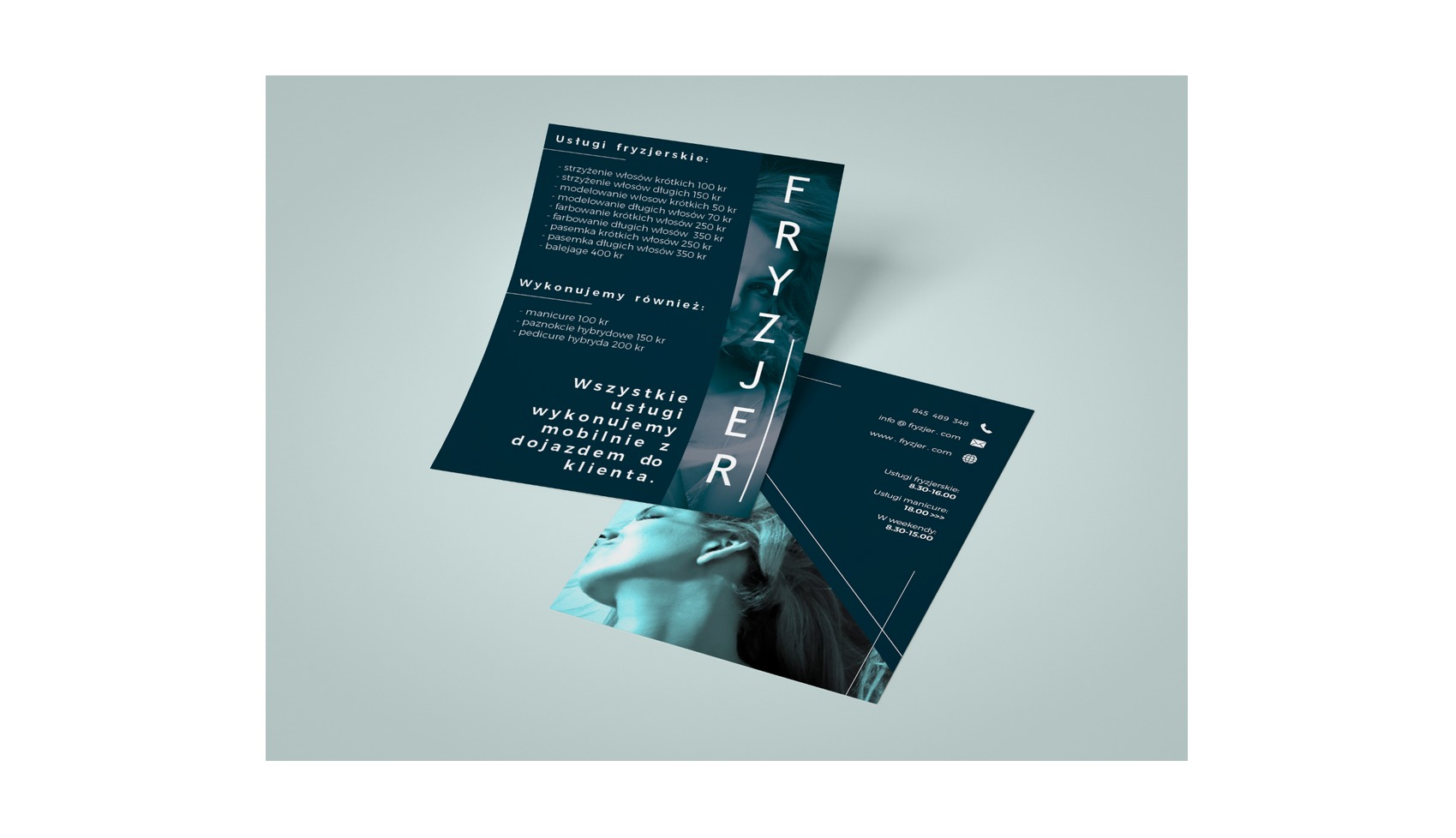 Minimalistyczna wizytówka salonu fryzjerskiego w odcieniach błękitu, prezentująca ofertę usług, dane kontaktowe i wizerunek kobiety.